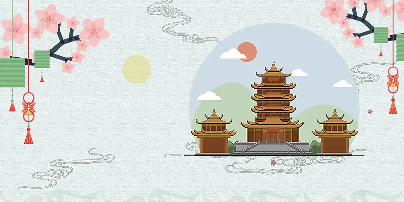 手绘简约复古古亭中秋节海报背景素材