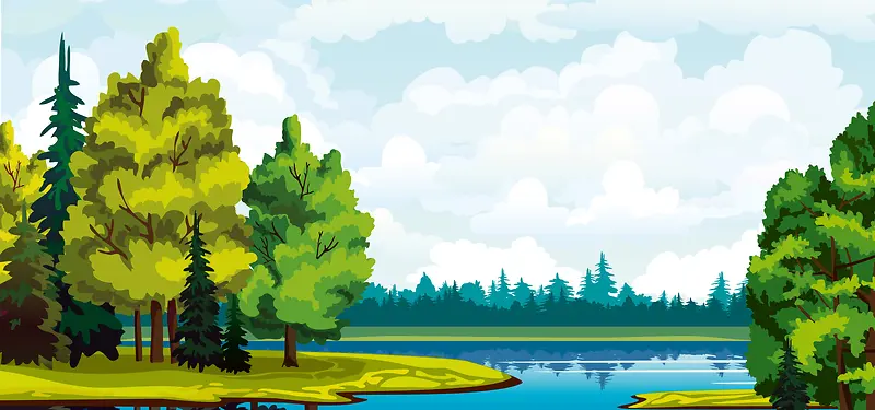 湖边绿色树与蓝天背景图