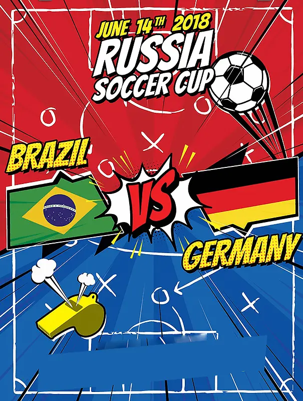 红蓝漫画样式2018俄罗斯世界杯足球比赛海报