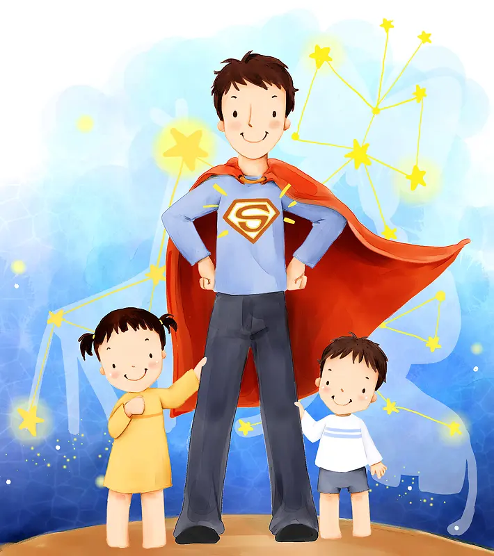 父亲变身超人与家人一直的卡通图片