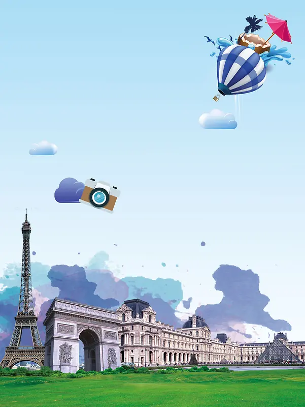蓝色时尚创意法国巴黎游海报背景素材