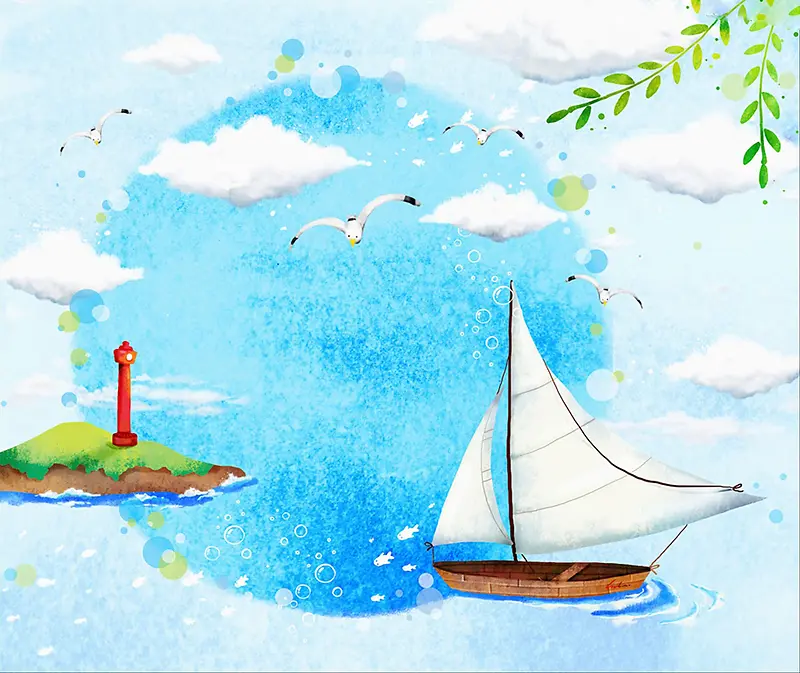 手绘海洋上的帆船背景素材