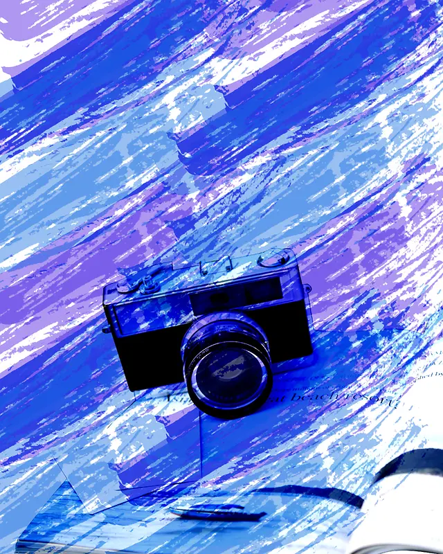 蓝色手绘相机摄影展海报背景素材