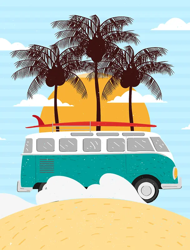 卡通手绘夏季暑假旅游大巴车海岸背景素材