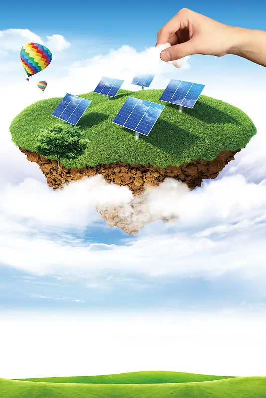 蓝天草地创意太阳能电站海报背景素材