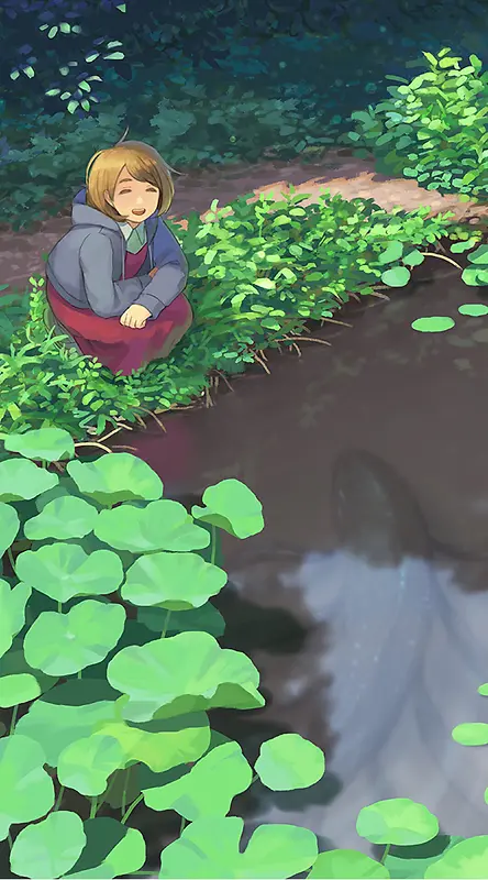小清新手绘荷花少女背景