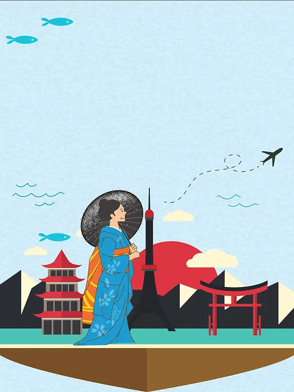 蓝色矢量卡通插画日本旅游海报背景