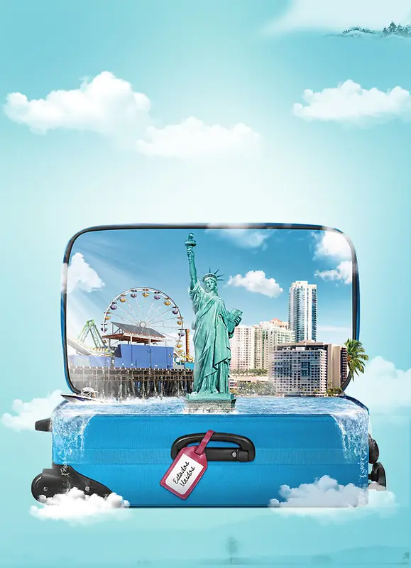 蓝色云朵旅行箱创意纽约旅游海报背景素材