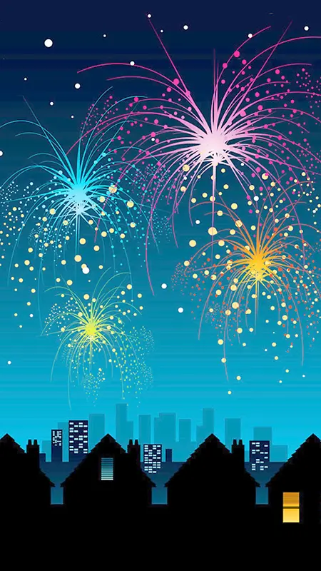 扁平城市夜空烟花场景H5背景元素