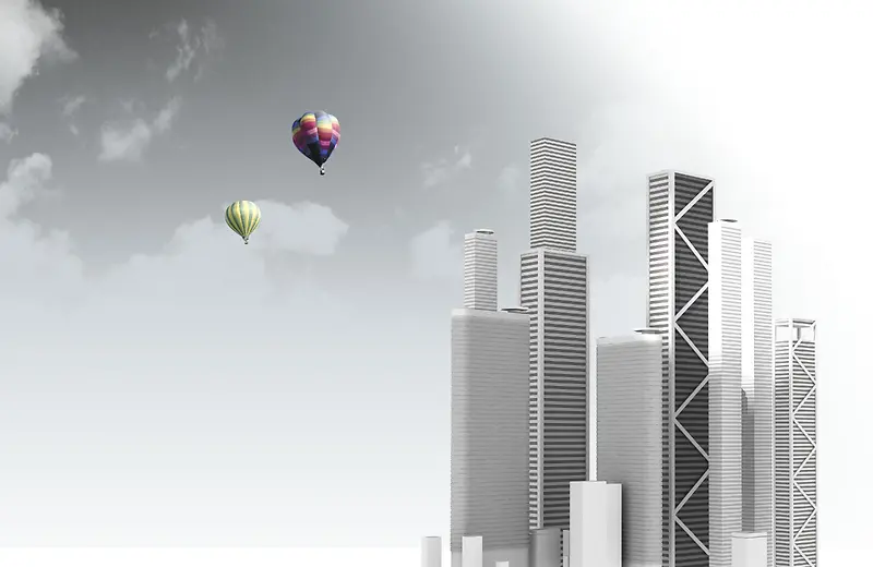 热气球 高楼大厦海报背景素材