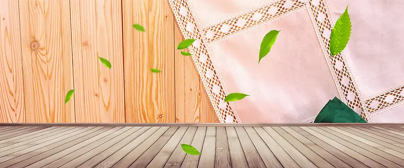 文艺木板餐布漂浮绿叶背景