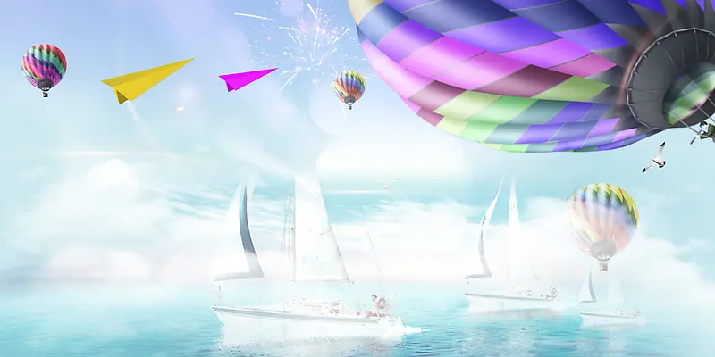 热气球纸飞机扬帆起航年会背景素材