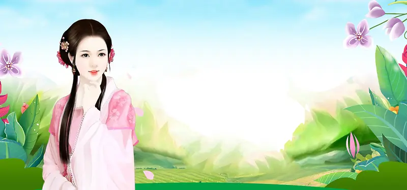 古典美女春游手绘卡通白色banner