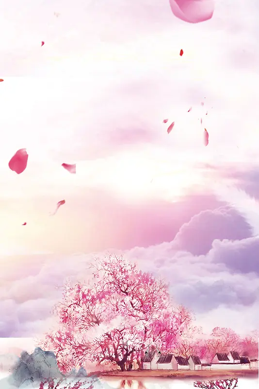 粉红色树木上空的花瓣背景素材