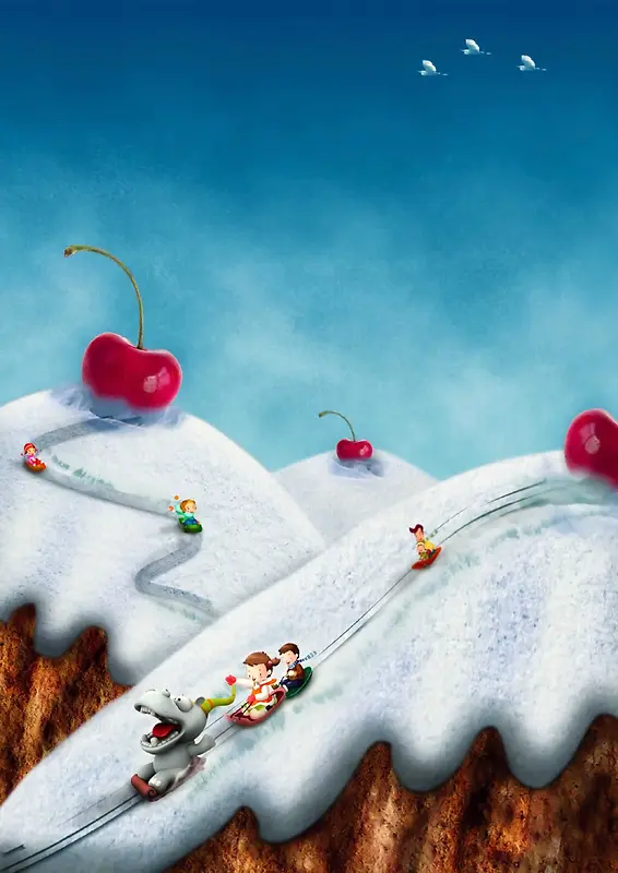 童趣手绘甜品山滑雪背景素材