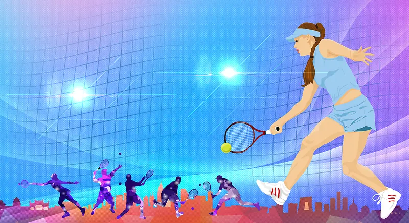 蓝色手绘网球运动比赛海报背景素材