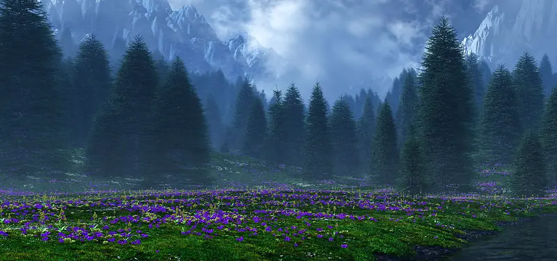 松树林紫色花朵背景