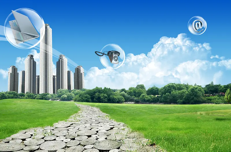 现代城市公园草地上透明球体飞舞图片