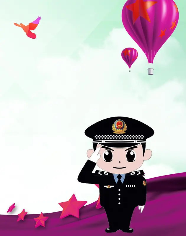 卡通警察热气球绿色背景素材