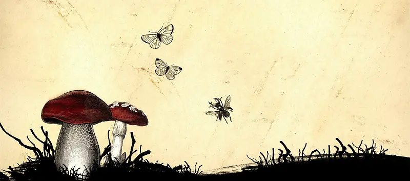 手绘蘑菇蝴蝶背景图