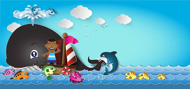 淘宝卡通航海儿童和鱼矢量海报背景