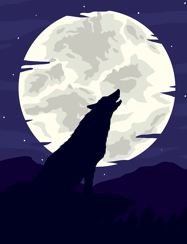 卡通手绘月色狼嚎狩猎商业背景素材