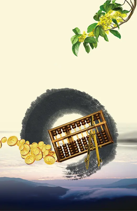 中国风算盘与金币与桂花商务背景素材