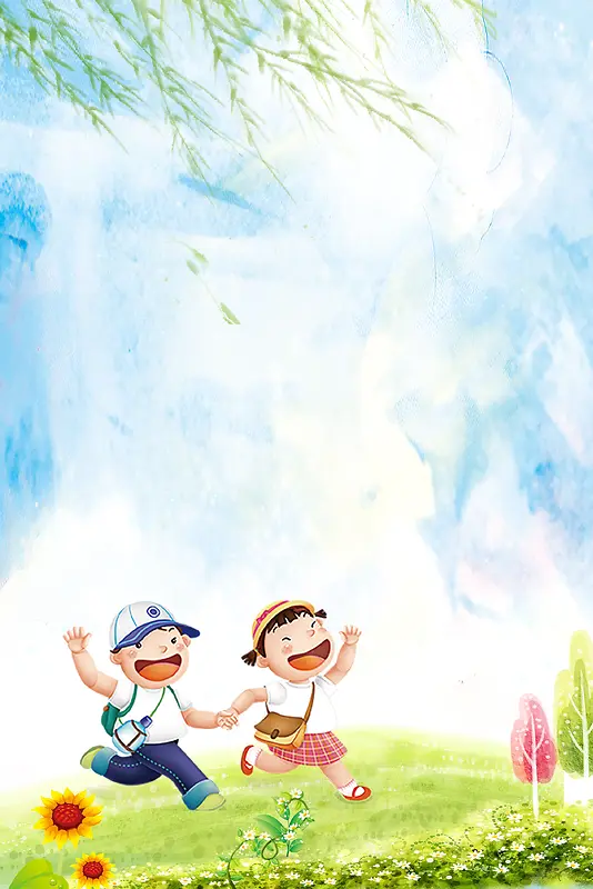 淡蓝色手绘春游奔跑的孩童海报
