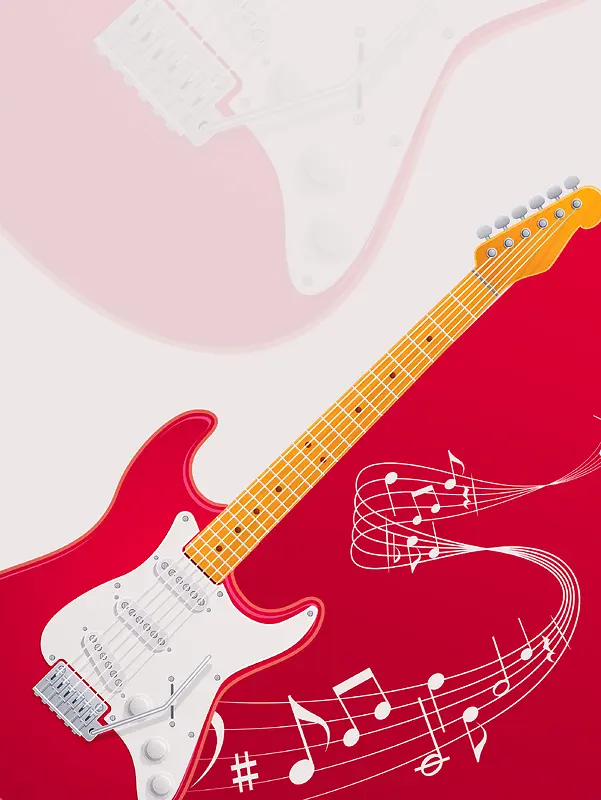 红色扁平喜庆吉他线条音乐乐符背景素材
