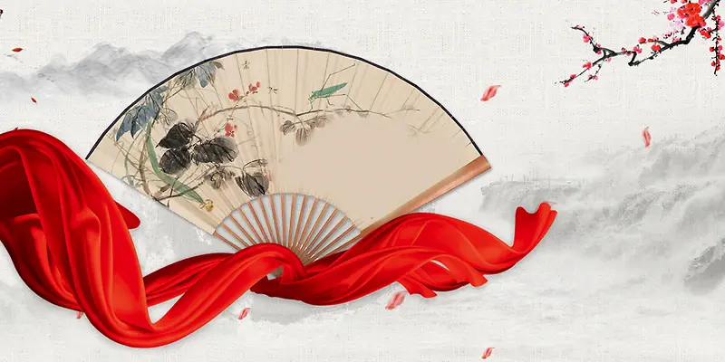 中国风水墨山水梅花红丝绸折扇海报背景素材