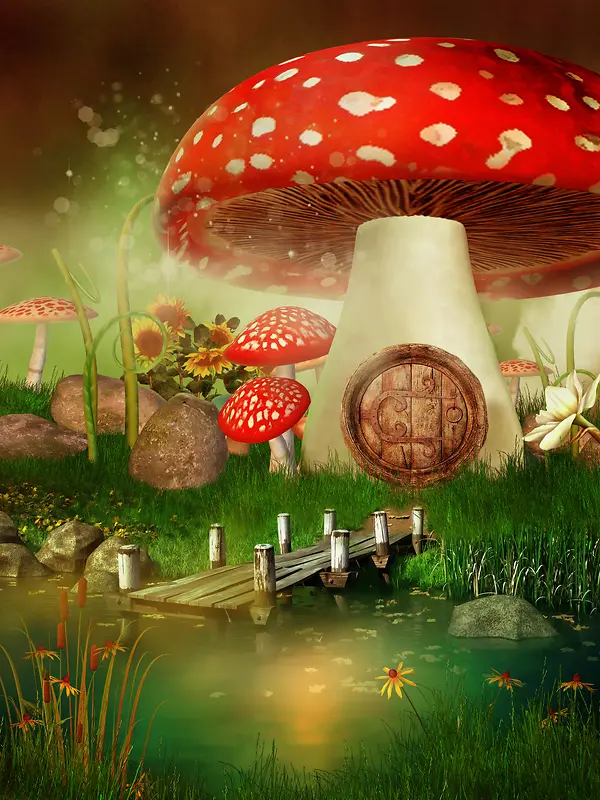 魔幻卡通蘑菇屋背景