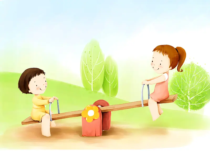 两个儿童地草地上玩跷跷板的卡通图片