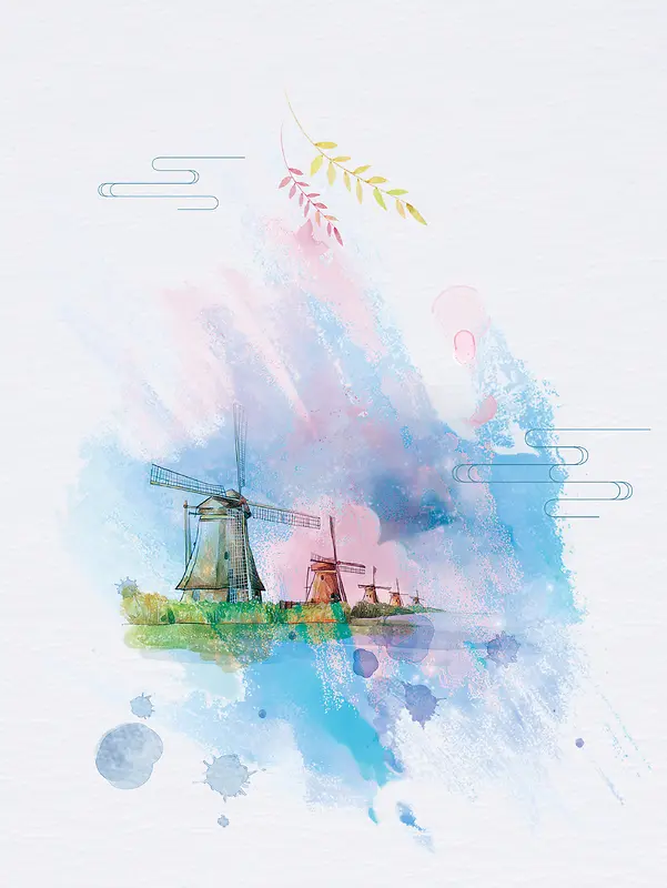 彩色手绘风景旅行插画水墨背景素材