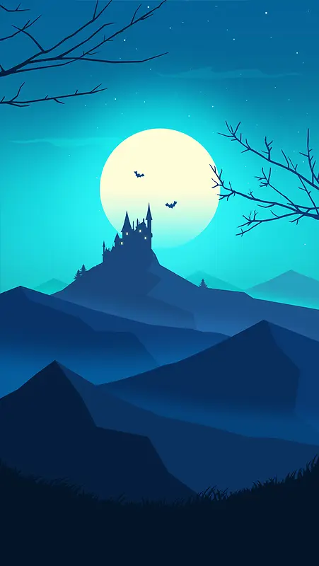 手绘蓝色矢量月夜城堡背景