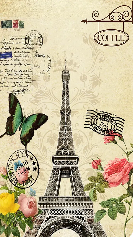 手绘复古欧洲巴黎铁塔棕色背景图
