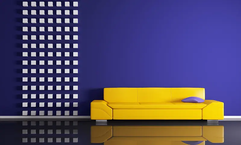 房间蓝色墙壁黄色沙发
