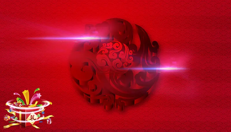 中国风祥云圆球礼物盒红色背景素材