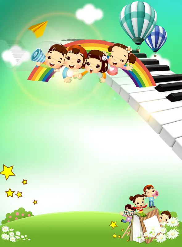 卡通钢琴儿童绿色背景素材