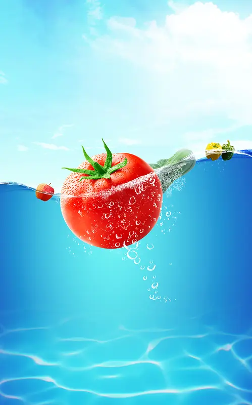 蓝色天空海水泳池西红柿辣椒苹果水果蔬菜
