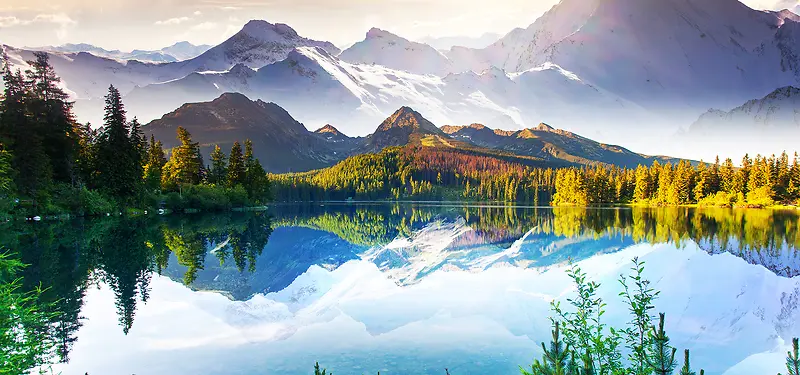 美丽的雪山湖泊树林背景图