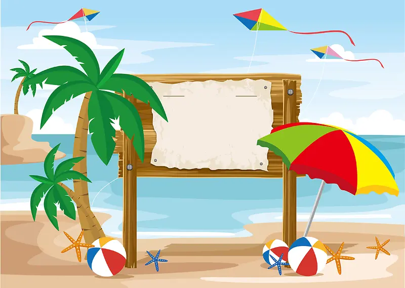 可爱儿童风格沙滩画册海报矢量背景素材