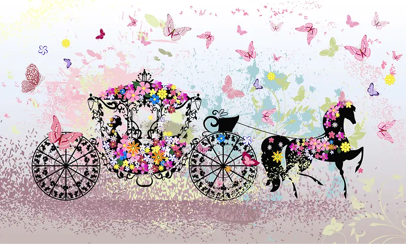 手绘婚礼花朵马车蝴蝶背景墙图片素材
