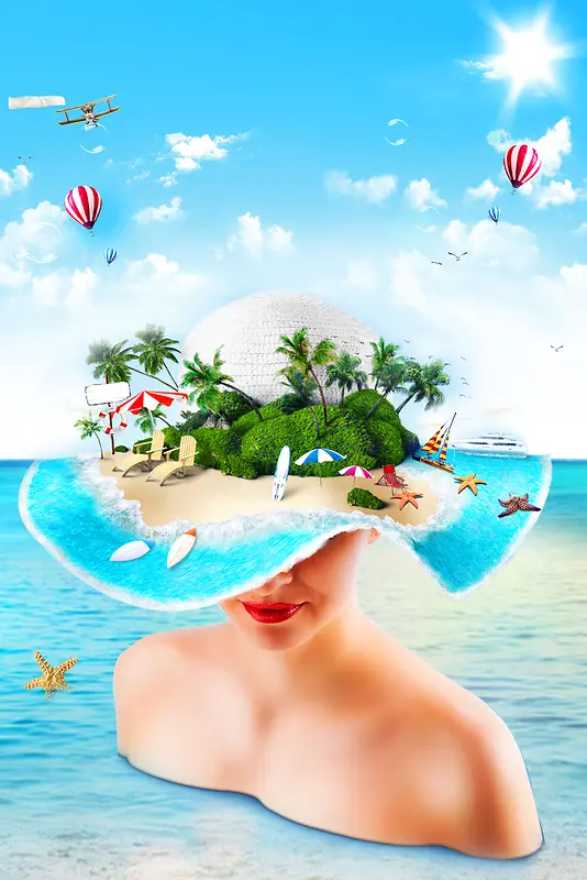 帽子创意海边马尔代夫旅游海报背景素材