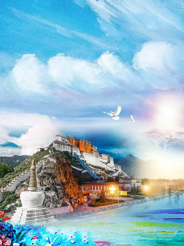 唯美多彩西藏旅游宣传海报背景素材