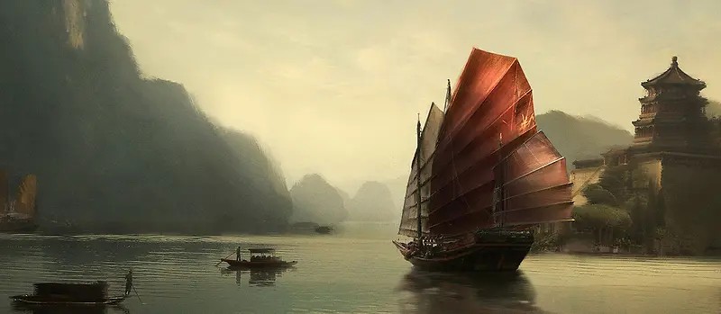 古城帆船背景装饰