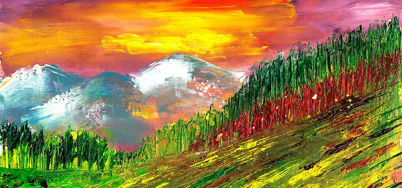 森林雪山油画