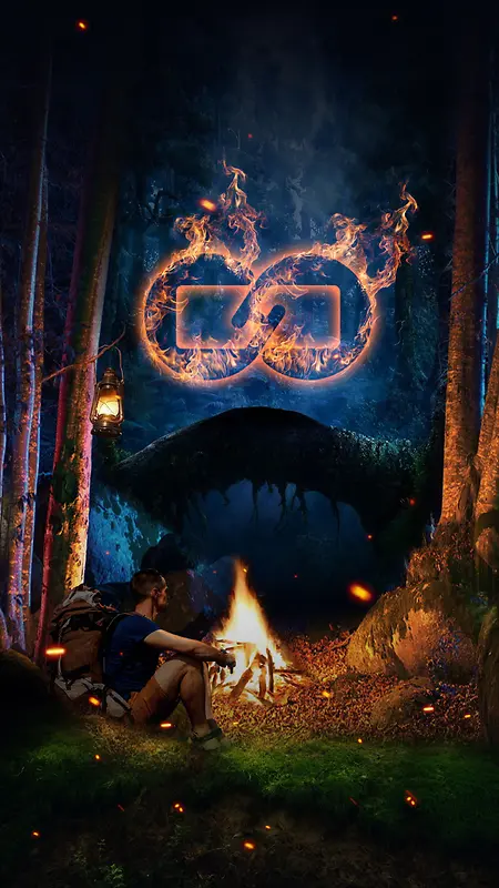 丛林森林探秘海报创意设计篝火PSD背景图