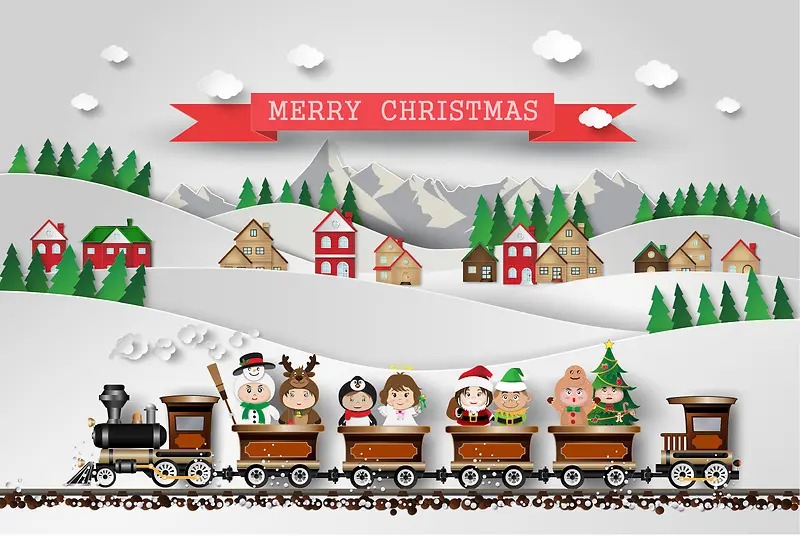 圣诞火车麋鹿雪山风景海报背景素材