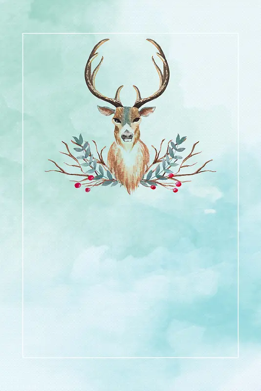 圣诞节小鹿绿色系水彩手绘海报