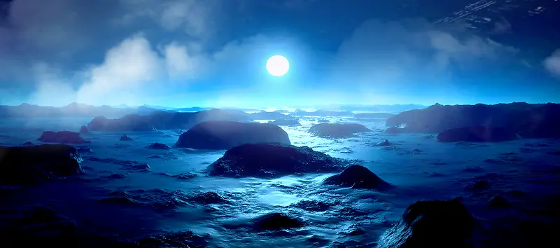 蓝色月光大海背景